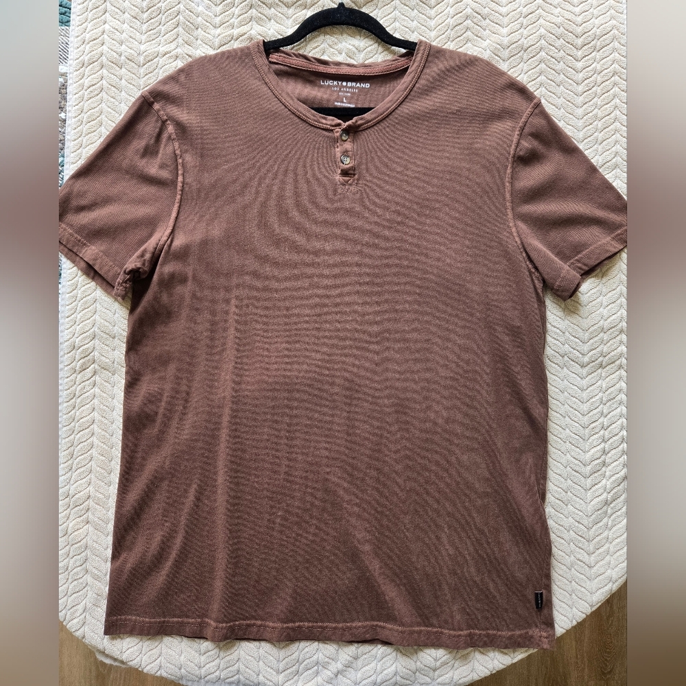 Lucky Brand Mens Henley 100% Cotton Large Brown EUC